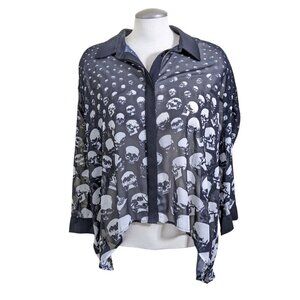 Killstar Womens Sheer Button Up Blouse Long Sleeve Size M Black Skull Print Goth